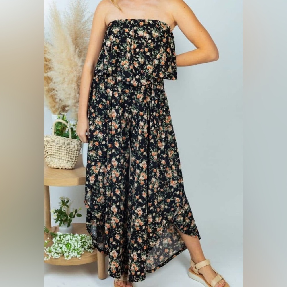 Floral Black Strapless Jumpsuit